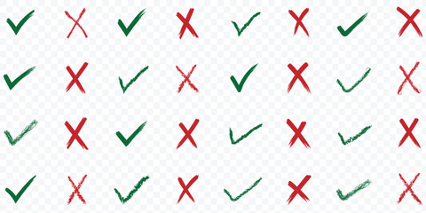 Hand drawn check mark icon set. tick, cross signs for checkbox, checklist, v and x in sketch doodle brush marker checklist symbol. grunge brush style vector illustration.