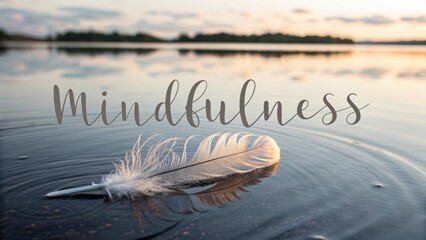 A white feather floating on water with the word Mindfulness