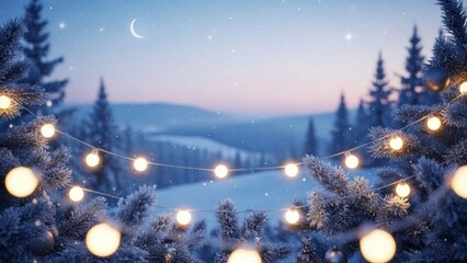 Enchanting winter night scene with illuminated string lights amidst snowy fir trees