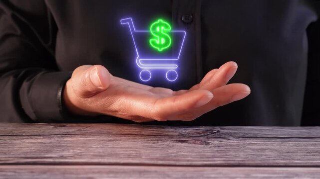 Total purchase price. Woman's hand holding a virtual shopping cart icon with a money sign