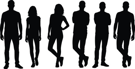 Group of Young Adults Standing Silhouette Vector Set, Diverse People Posing, Community and Teamwork Concept, Isolated on White Background for Design