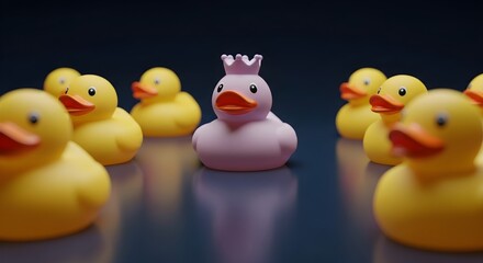 Stand Out A Pink Duck with Crown Surrounded by Yellow Rubber Ducks