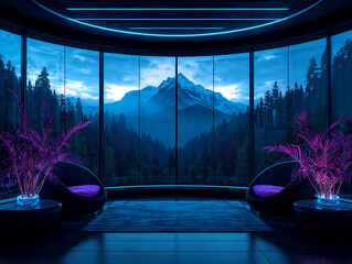 Sci-fi style room interior with panoramic window view of majestic mountains and forest, blue ambient light and purple neon plants, futuristic relaxation space concept, 3D illustration.