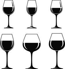 Wine glass set illustration, black and white sketch, different shapes, stemware collection, minimalist line art, elegant drinkware, silhouette design
