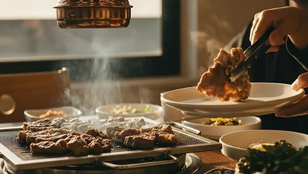 Person grilling delicious meat on a table grill with steam rising.