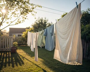 Clean clothes drying on a clothesline in bright sunlight