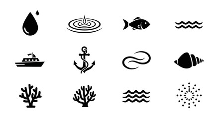 Black and white ocean icons set. © triyanto