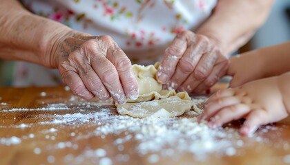 Hands of an elderly woman kneading dough on a floured wooden table, traditional home baking and cooking process