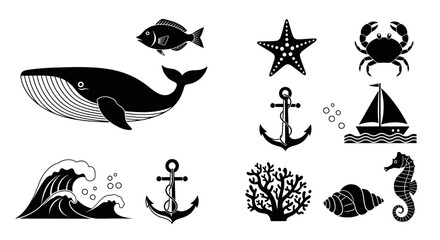 Black and white ocean animal icons.