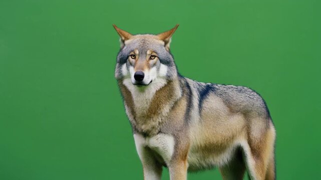 Majestic Wolf Standing Proudly Against a Vibrant Green Background.
