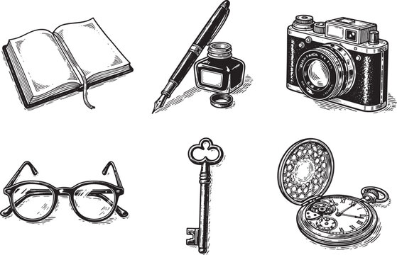 Vintage illustration set of everyday objects including a book, pen, ink, camera, glasses, key, and pocket watch. The detailed etchings evoke a sense of nostalgia