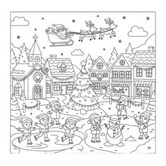 Fototapeta premium Children Ice Skating in a Festive Christmas Village Coloring Page.