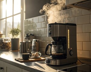Coffee maker brewing coffee in a bright kitchen setting