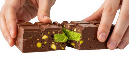 Hand holding chocolate bar with green filling, isolated on transparent background