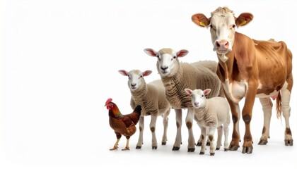 Fototapeta premium Group of Farm Animals on White Background with Copy Space