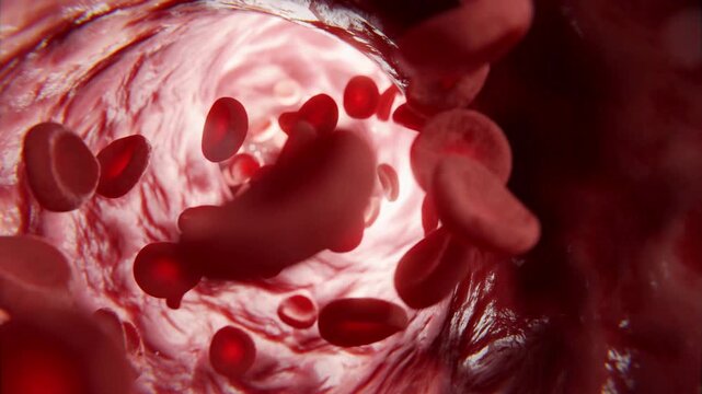 Detailed 3D animation of red blood cells moving through a human vein. Medical and scientific visualization showing blood circulation, plasma flow, and cellular structure in vascular sys