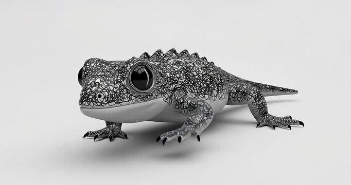 A detailed close-up of a textured, metallic lizard-like creature on a smooth surface