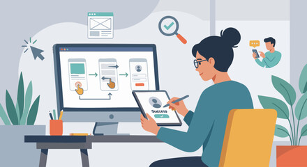 Flat vector illustration of a UX/UI designer testing usability, user flow and interaction symbols, clean shapes, solid colour palette, flat vector design © WealthyMinion