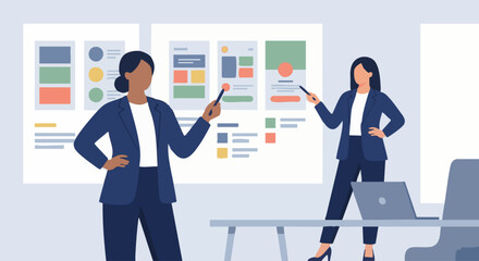 Flat vector illustration of a UX/UI designer presenting interface concepts, abstract UI boards, professional posture, solid colour blocks, minimalist vector art