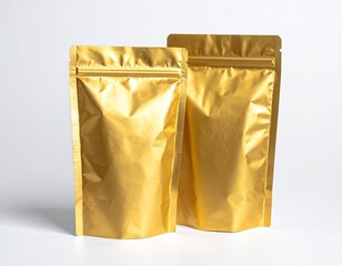 Two upright golden pouches stand against a white backdrop