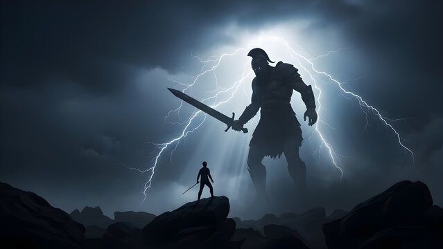 Silhouette of David Facing Giant Goliath in a Dramatic Stormy Battle Scene