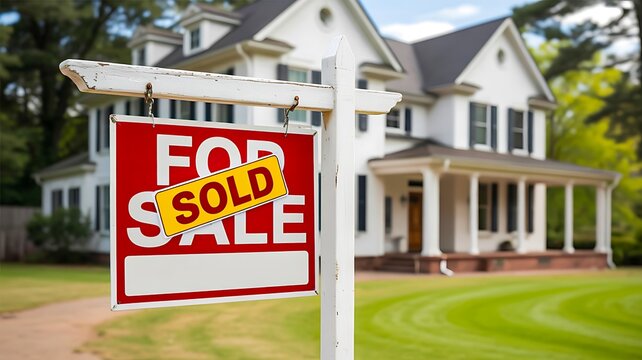 Property sale house sold sign in front yard
