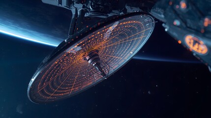 Interstellar Communication Array: A futuristic depiction of a spacecraft with intricate communication array in the vast expanse of space, connecting to other planets.