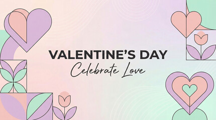 Valentine's Day Celebrate Love: Abstract Geometric Hearts and Flowers, Pastel Background
