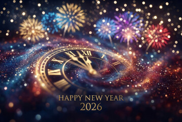 Abstract defocused background of 2026 New Year celebration with clock showing midnight and colorful fireworks, festive holiday party concept