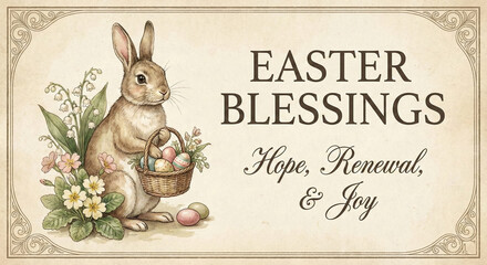 Easter Blessings: Hope, Renewal, & Joy - Bunny with Easter Basket and Spring Flowers, Vintage Style