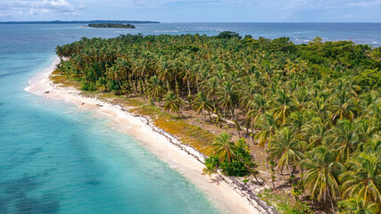Breathtaking aerial drone view showing the lush green vegetation and white sandy beaches of...