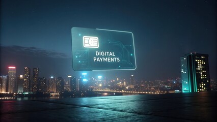 Glowing Digital Credit Card Floating Over a City at Night