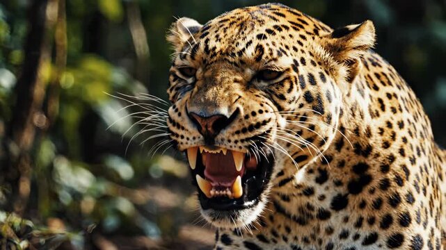 Close Up Leopard Portrait Showing Open Mouth and Teeth with Spotted Fur in Outdoor Greenery and Sunlight