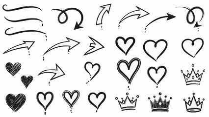 Collection of Hand Drawn Arrows Hearts and Crowns Doodle Elements.