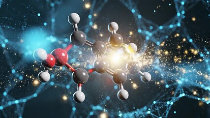 A sophisticated 3D molecular model showcasing a complex organic compound with a glowing central energy set against a futuristic digital network background representing cuttingedge scientific research. - Powered by Adobe