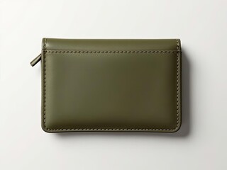 Olive green, rectangular leather wallet with a zipper, against a white backdrop
