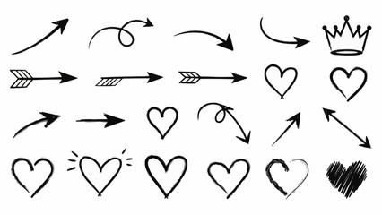 Collection of Hand Drawn Arrows Hearts and Crown Icons.
