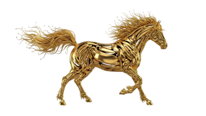 Golden horse sculpture running in dynamic pose isolated on transparent background