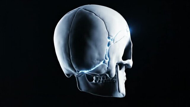 Rotating Human Skull Model with Blue Energy Accents