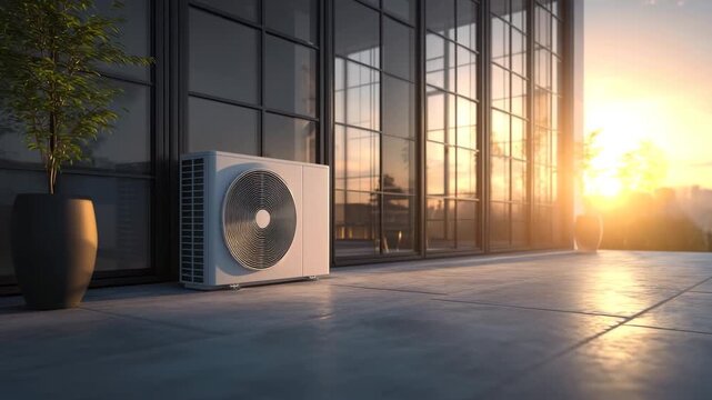 Air conditioning unit outside a modern building with a potted tree at sunset 4k video