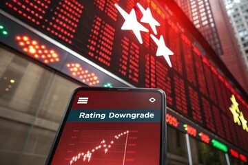 Mobile phone displaying rating downgrade alert with falling stars
