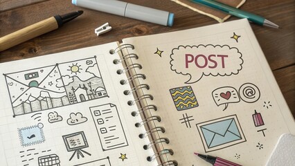 Notebook doodles with words illustrating digital post ideas