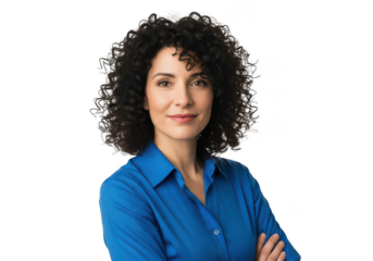 Confident woman with curly hair isolated on transparent background posing with arms