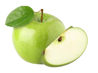 green apple with leaves (granny smith apple) and slices isolated, transparent PNG, PNG format, cut out