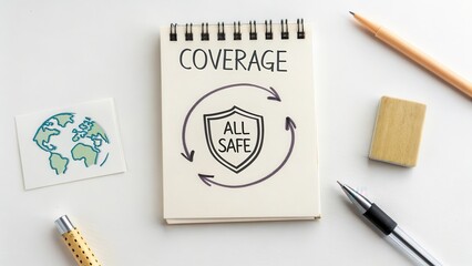 Notebook showing coverage surrounded by arrows and a shield