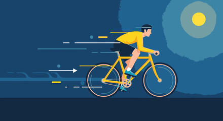 Fototapeta premium A man cycles rapidly through a dark night under the glow of a full moon, depicted in a dynamic flat illustration style showcasing speed and movement.