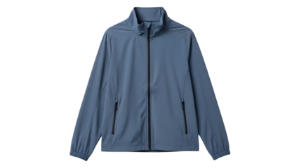 Blue lightweight fullzip athletic windbreaker jacket for men isolated on transparent background