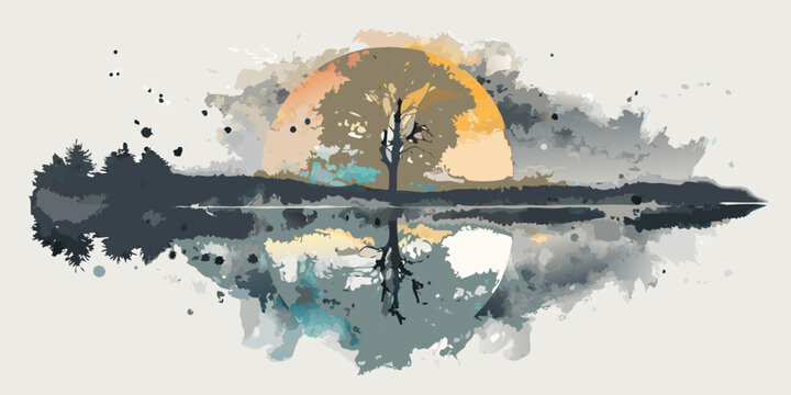 Watercolor painting of a solitary tree silhouetted against a vibrant sunset reflection