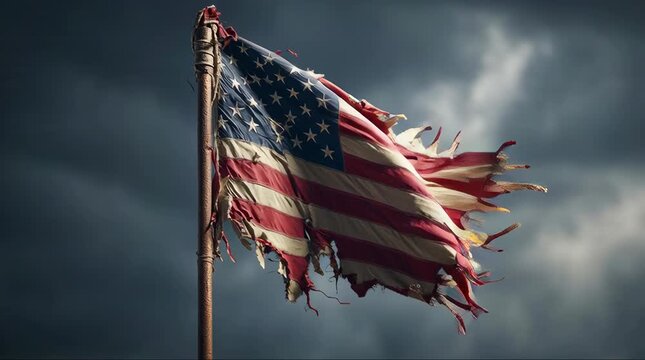 A tattered American flag waves dramatically against a stormy, dark sky, symbolizing resilience and the passage of time.