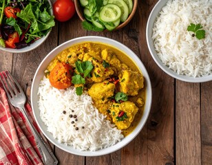 Overhead shot of a curry dish with sides on a wooden table